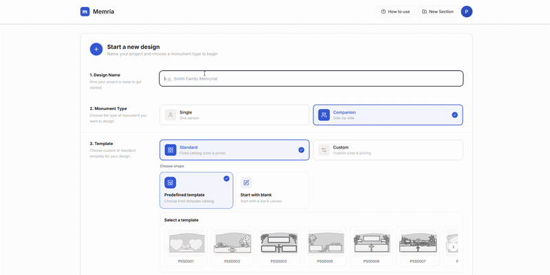 Start a new design — Standard template with Predefined template catalogue selected.