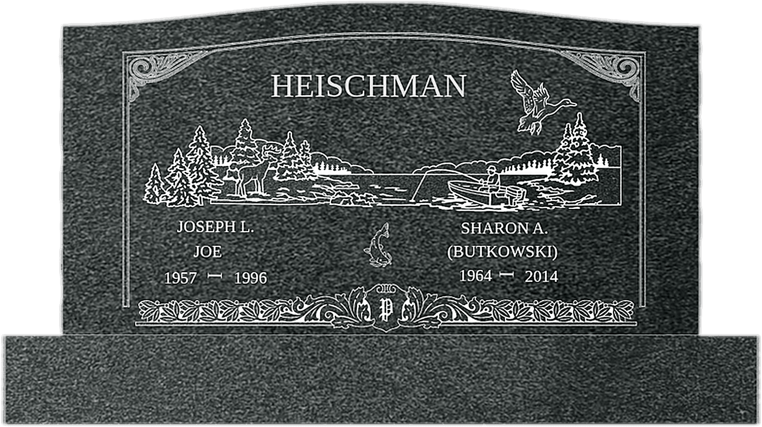 A finished companion monument in Jet Black granite with a laser-etched lakeside scene