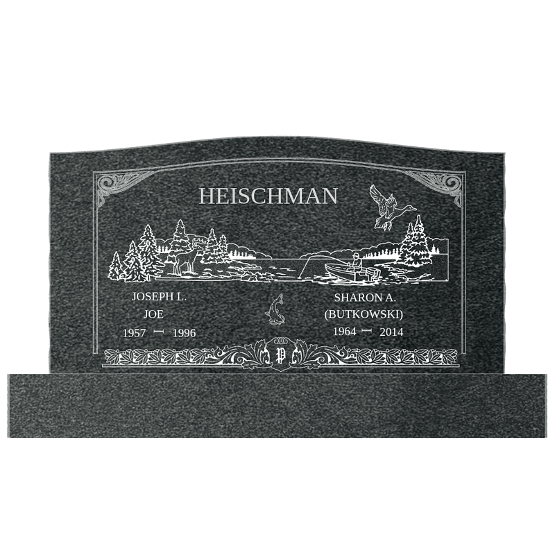Heischman family memorial with an etched lake and birds scene