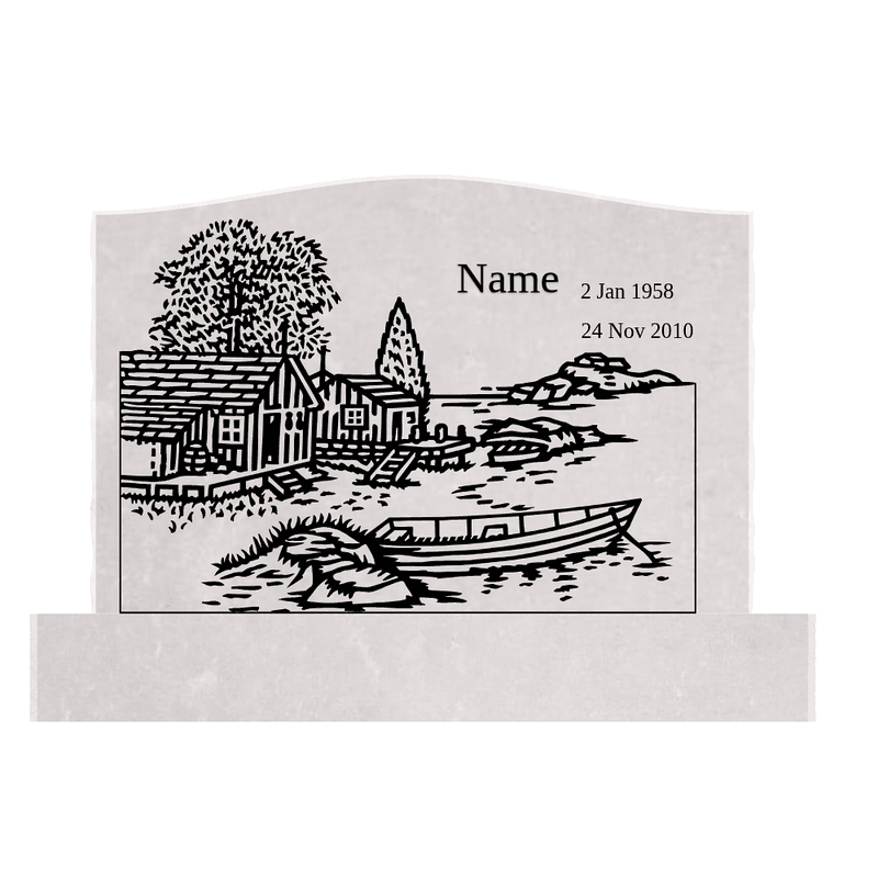 Light granite memorial with lakeside cabin and boat