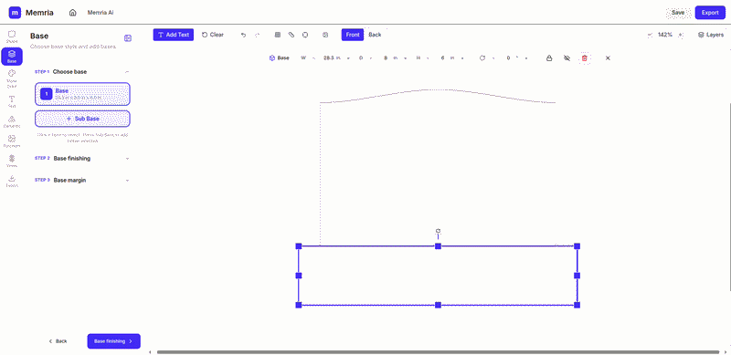 Base panel step 2 — BRP and PFT finishing toggles for the selected base.