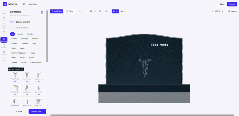 Elements panel step 2 — finishing style for the selected element.