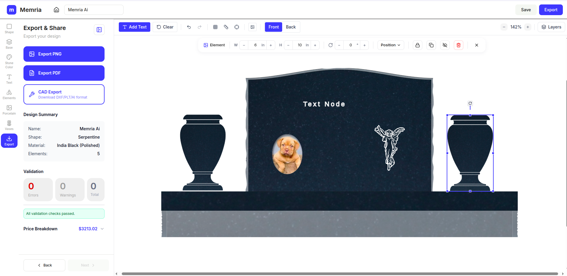 Export & Share panel — PNG, PDF, and CAD export with design summary and validation.