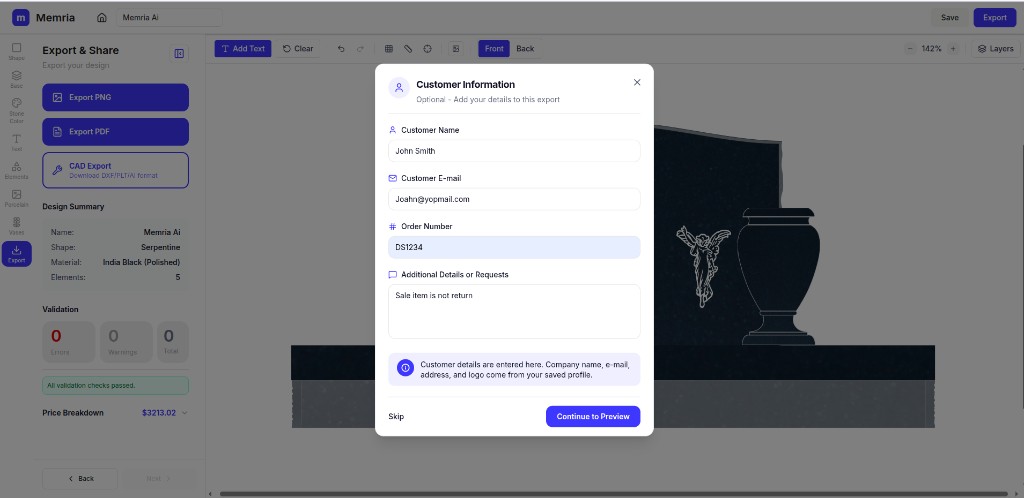Customer information step — add your name, notes, and signature before export.