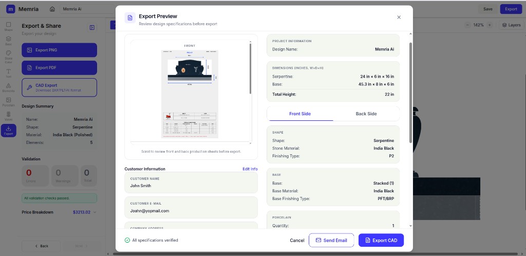 Export preview — review design specifications and confirm the export.