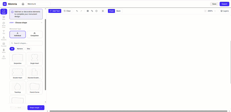 Shape panel step 1 — choose monument type and shape from the library.