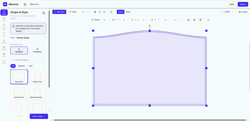 Shape panel step 2 — select polished edge margin format P2, P3, or P5.