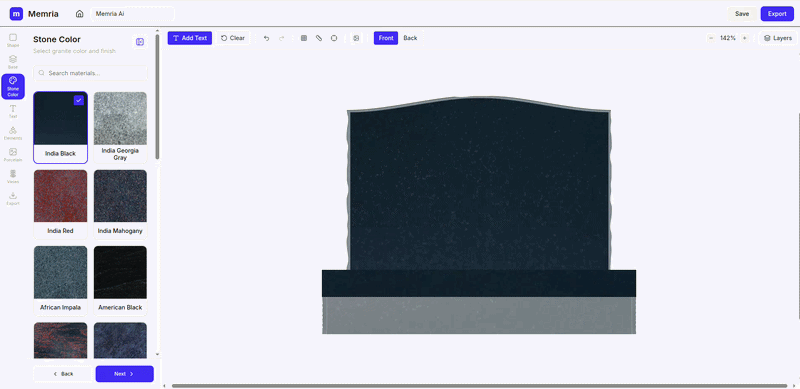 Text panel step 1 — choose a memorial font from the catalogue.