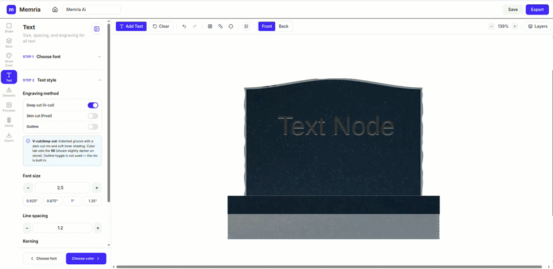 Text panel step 2 — engraving method, size, line spacing, and kerning.