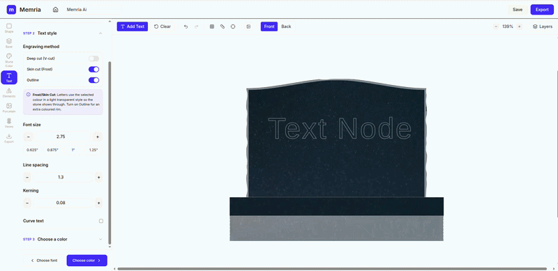 Text panel step 3 — choose engraving colour for text elements.