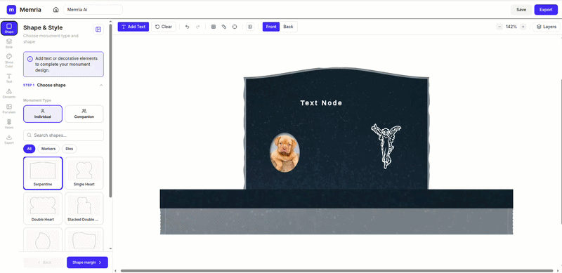 Vases panel — search and select a vase to place on the monument.